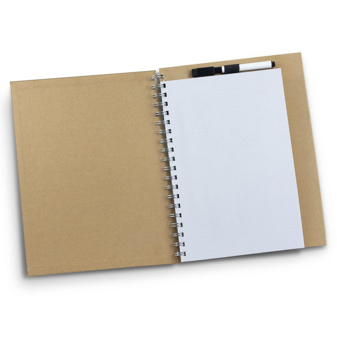 A spiral-bound notebook with a plain white writing surface and a brown cardboard cover, includes black markers.
