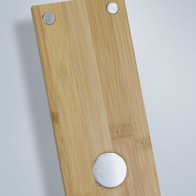 A drink bottle opener made of natural bamboo, featuring two metallic magnets and a circular base design.