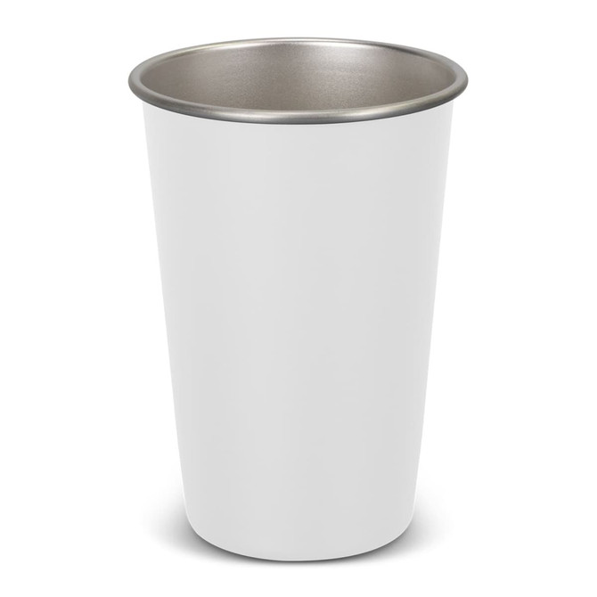 A drink bottle with a white exterior and a stainless-steel interior, featuring a simple design and a logo.
