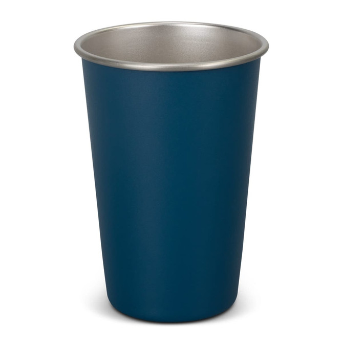 A drink bottle in dark blue with a silver interior, featuring a logo on the side.