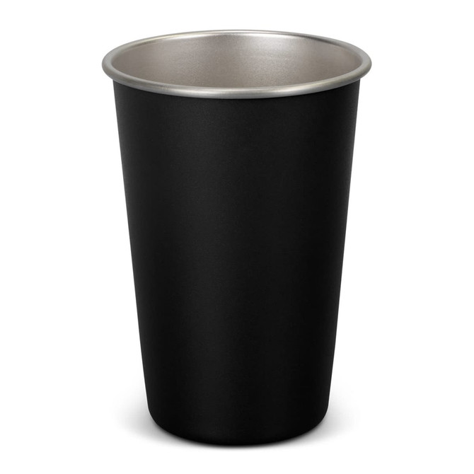 A drink bottle featuring a smooth black exterior and a silver interior, with a simple design and a logo.