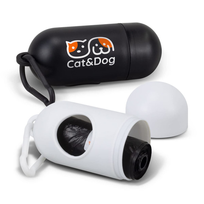 A black and white pet bag dispenser with a logo, featuring a removable cap and a clip for attachment.