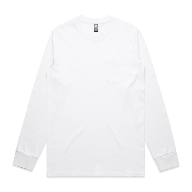 A white long-sleeve T-shirt with a pocket and a logo on the label.