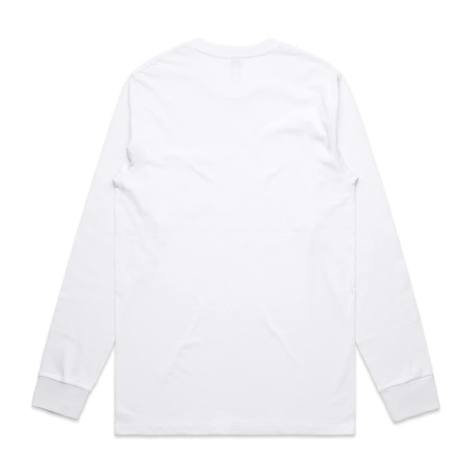 A white long sleeve tee shirt with a plain back and fitted sleeves. It features a small logo on the back neckline.