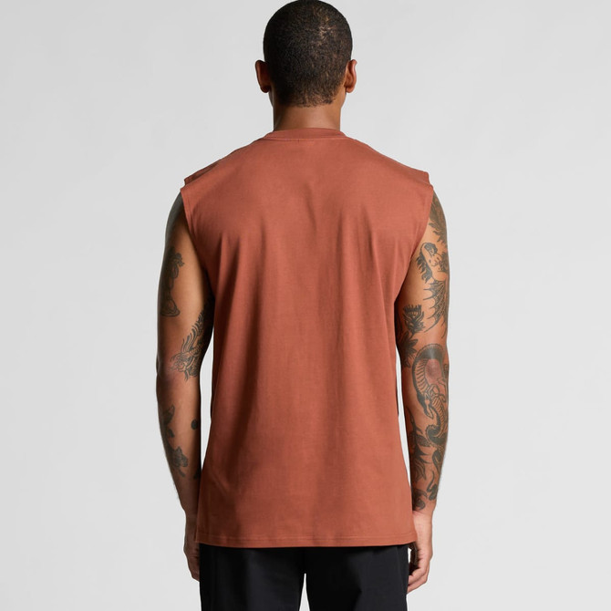 A classic tank top in a burnt orange colour, featuring a minimalist design and no sleeves.