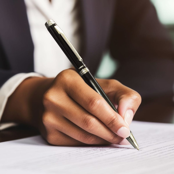 A metal pen in black being held by a person writing on white paper, featuring a silver detailing and a branding logo.
