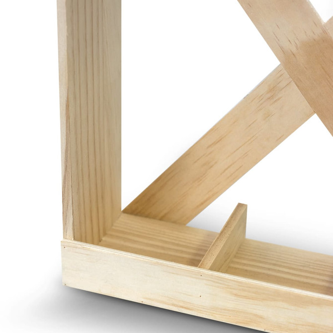 A wooden wine crate with a natural finish, featuring cross-braced sides and a small compartment at the base.