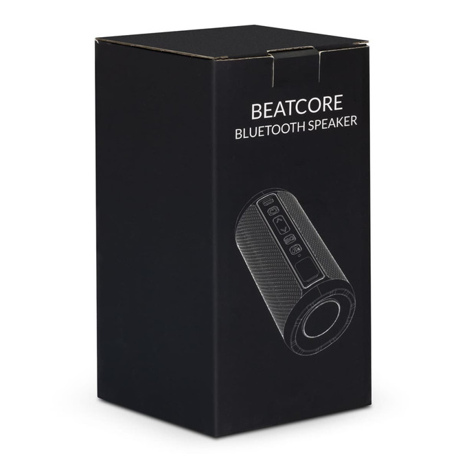 A black box featuring a Bluetooth speaker design with controls and a logo on the front.