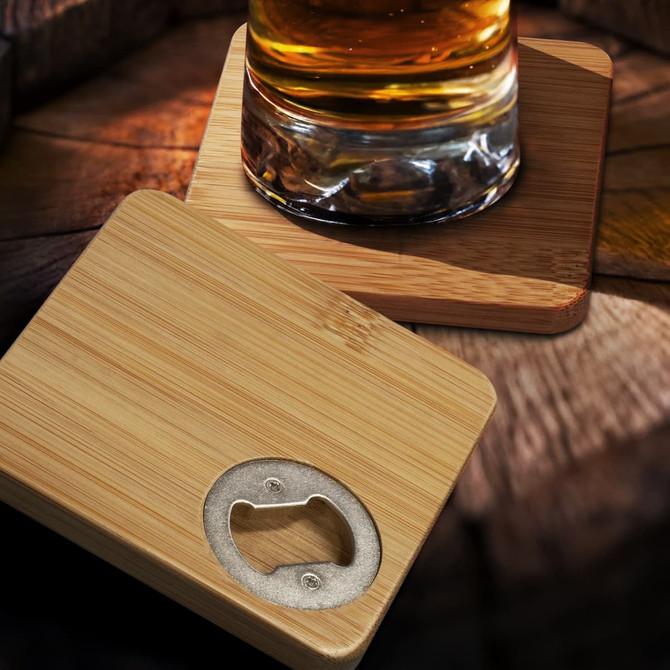 A drink bottle opener coaster set of two, in natural bamboo with a metallic bottle opener in one.