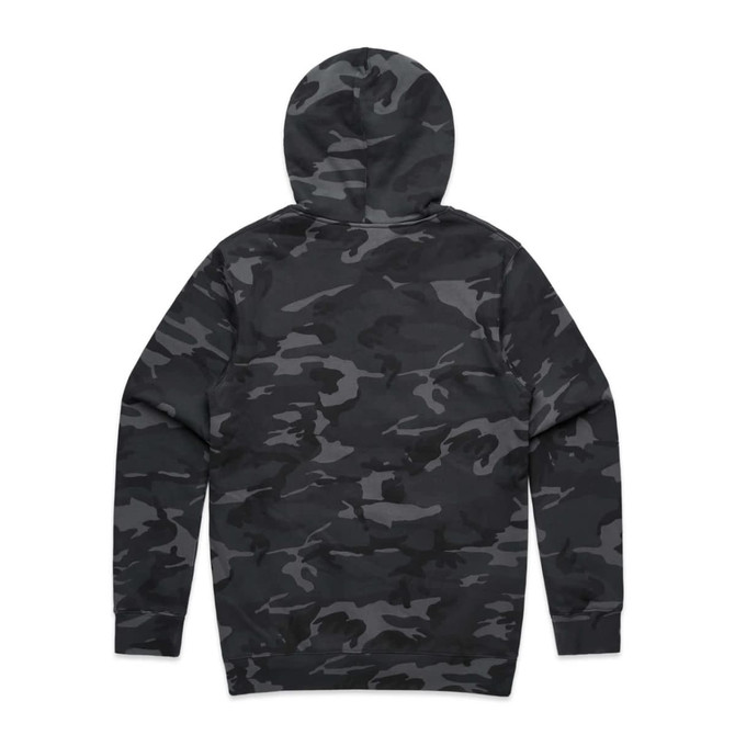 A hoodie featuring a dark green and grey camo pattern, with a hood and no visible branding.