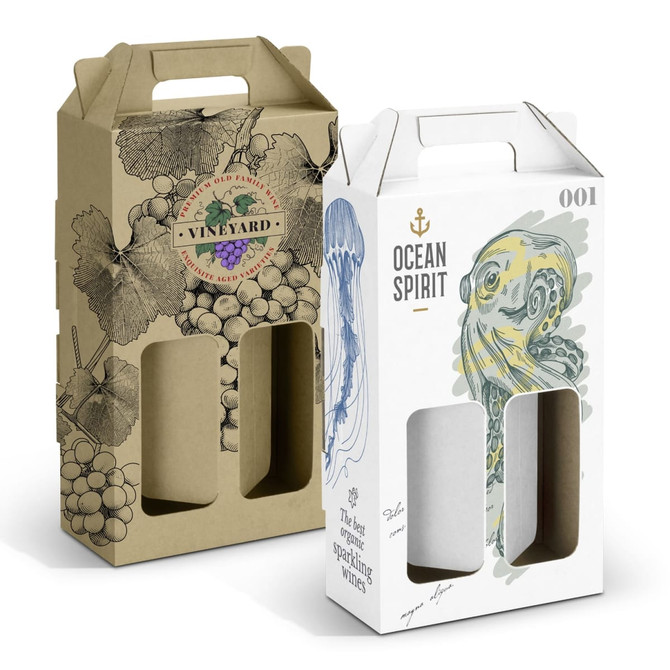 Two wine carry packs, one in a beige design with grape illustrations and the other in white featuring a jellyfish illustration, both with handles.