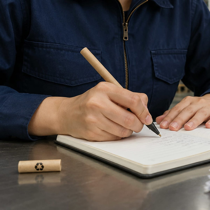 A cardboard pen in a natural finish, resting on a notebook beside a person writing with it.