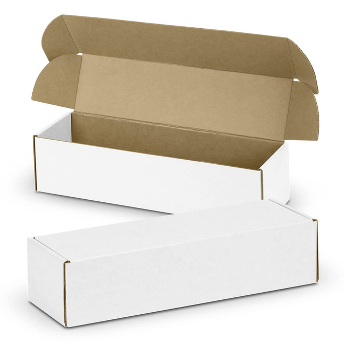 A white die cut box with a locking lid, featuring a brown interior. It is rectangular in shape.