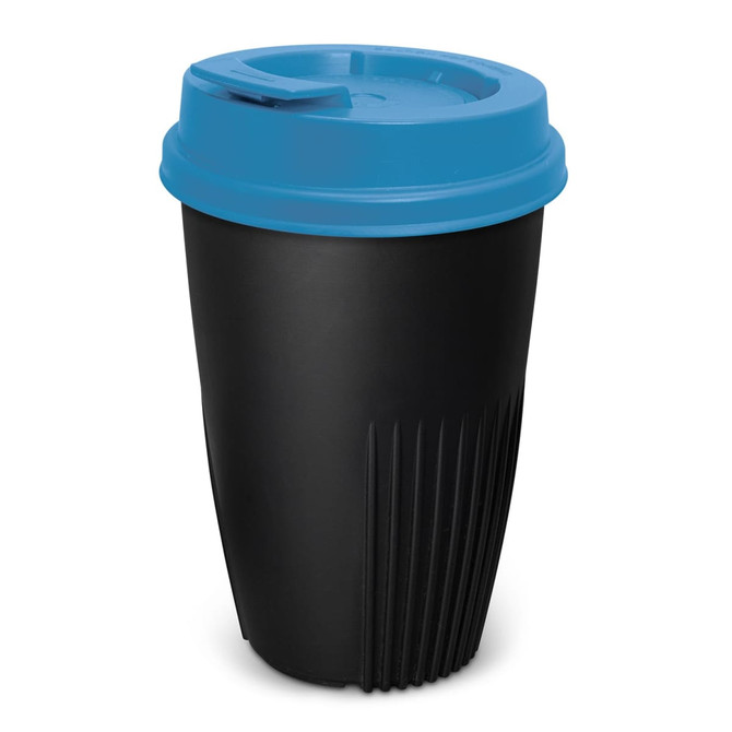 A drink bottle with a black body and a blue lid, featuring a textured design and a logo.