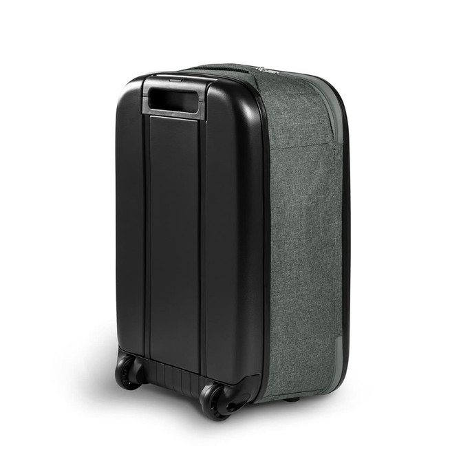 A small wheeled suitcase featuring a black hard shell and grey fabric side. It includes a handle and wheels for transport.