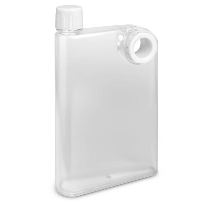 A drink bottle in a frosted clear design with a screw-top lid and a side opening, featuring a logo.