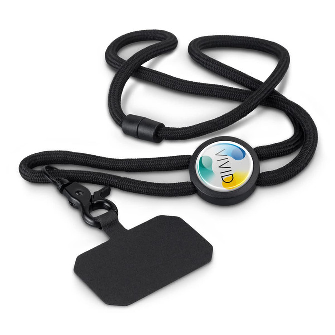 A black phone lanyard with a circular attachment featuring a logo and a rectangular tag for identification.