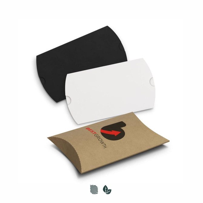 Three small pillow boxes in black, white, and brown, featuring a branding logo on the brown box.