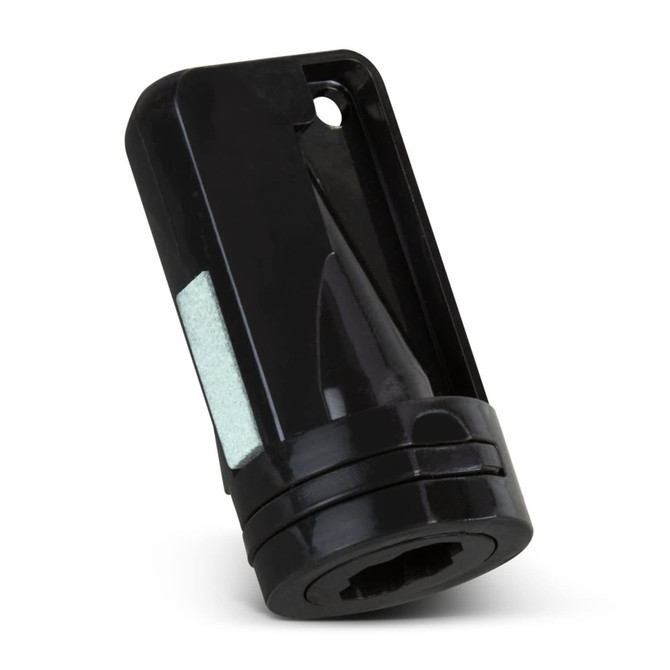A black carpenter's pencil sharpener with a smooth surface and a hole for easy attachment.
