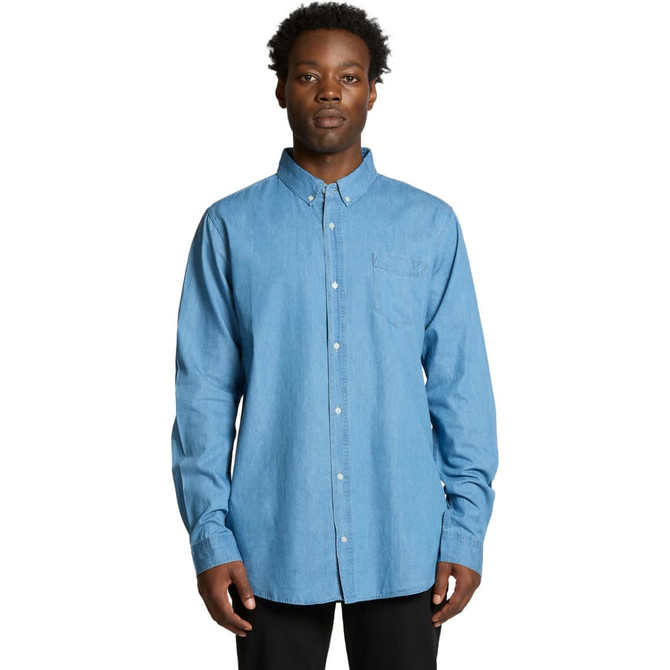 A blue denim button-up shirt with long sleeves and a chest pocket, featuring a subtle logo.