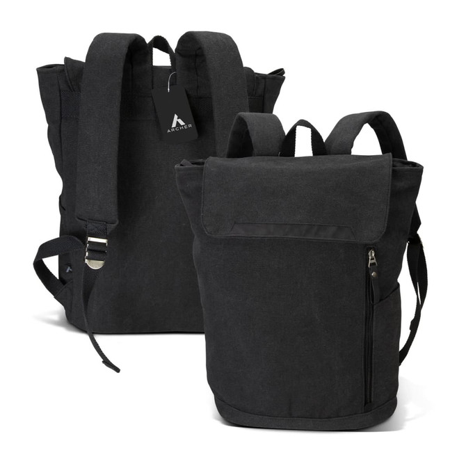 A black canvas backpack with adjustable straps and a front zipper pocket. It features a logo on the tag.