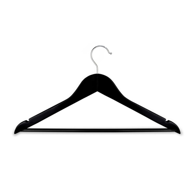 A black wooden hanger with a silver hook features a sleek design and curved edges.
