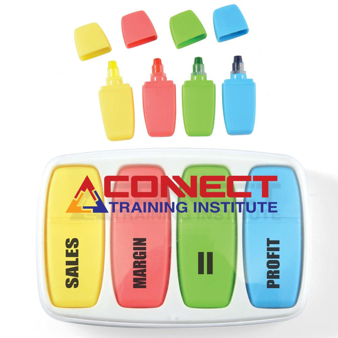 A set of highlighters in yellow, green, and blue, with caps, displayed in a white container.