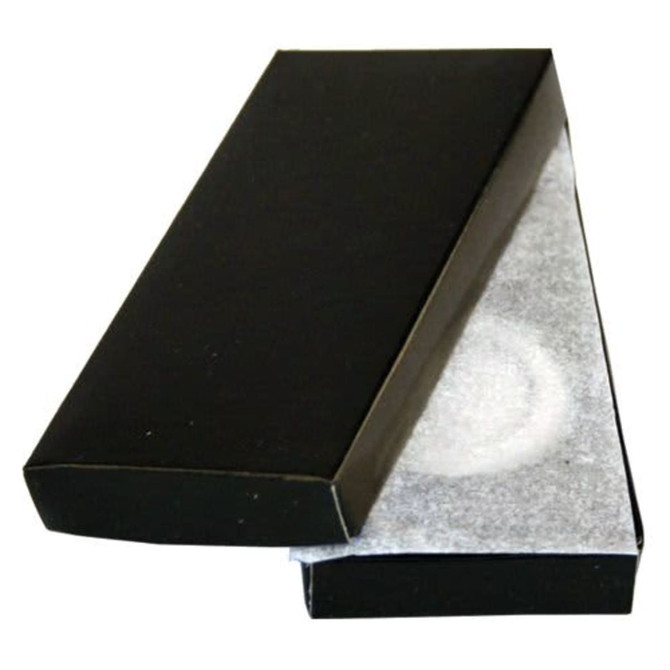 A black rectangular box partially opened, revealing a white cushioning material inside.