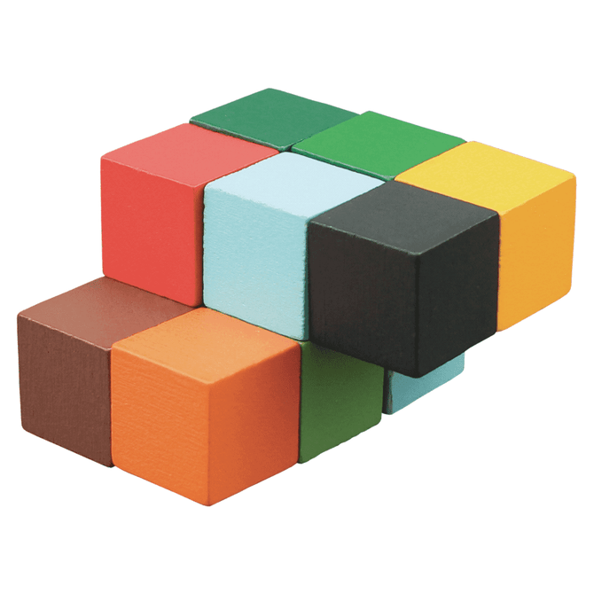 A collection of wooden blocks in various colours, including red, green, blue, yellow, brown, and black, arranged in a stack.