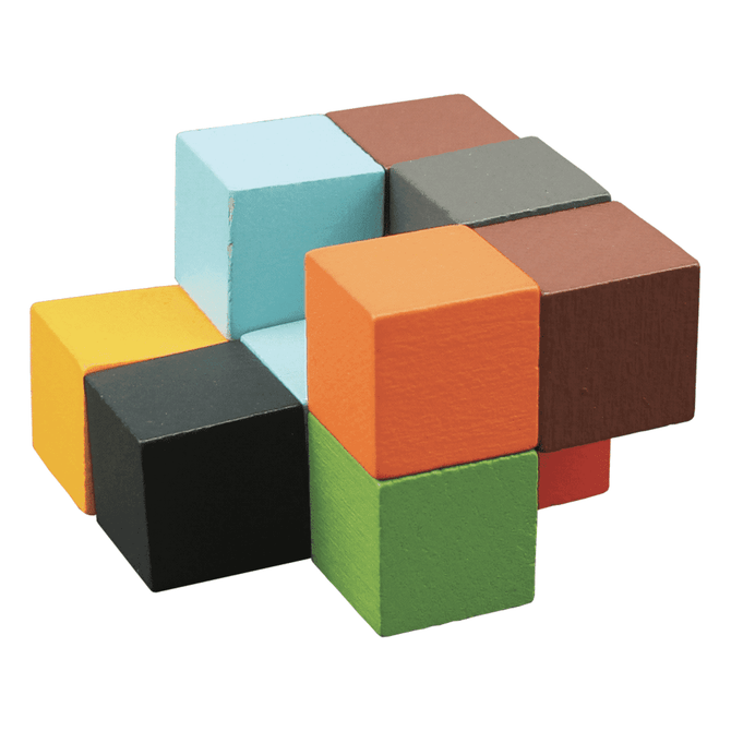 A set of colourful wooden blocks in various shapes and sizes, including blue, orange, green, black, and brown.