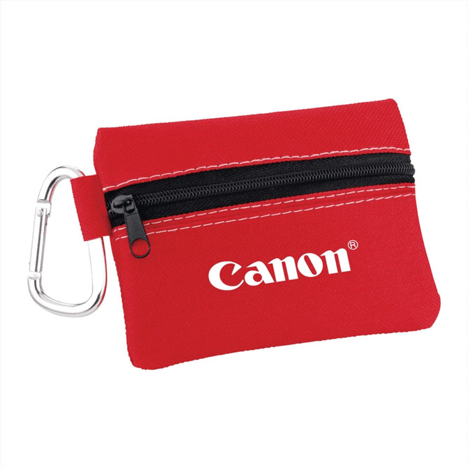 A red zippered pouch featuring a black zipper and a carabiner clip, with a logo on the front.