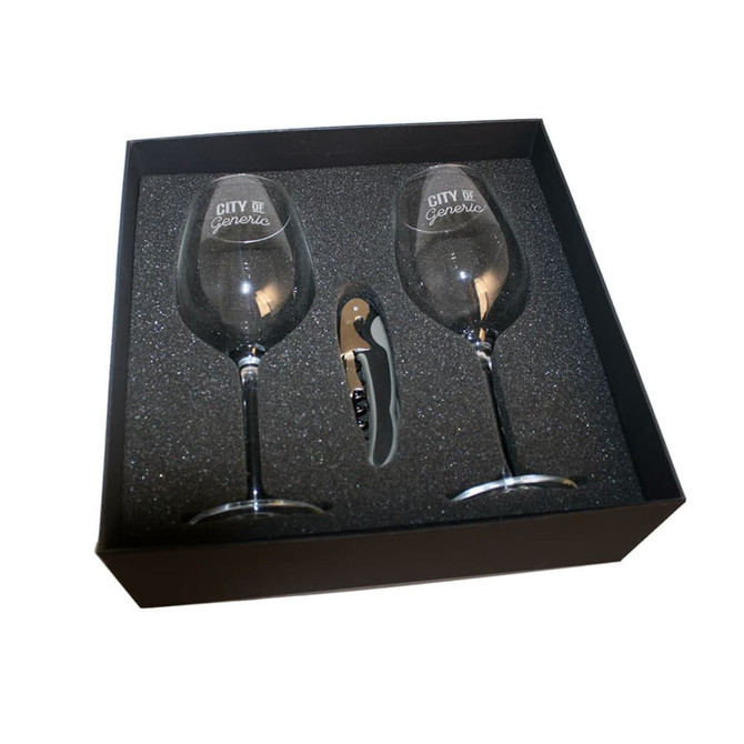 A wine glass set featuring two 430ml clear glasses and a corkscrew, presented in a black box with a textured insert.