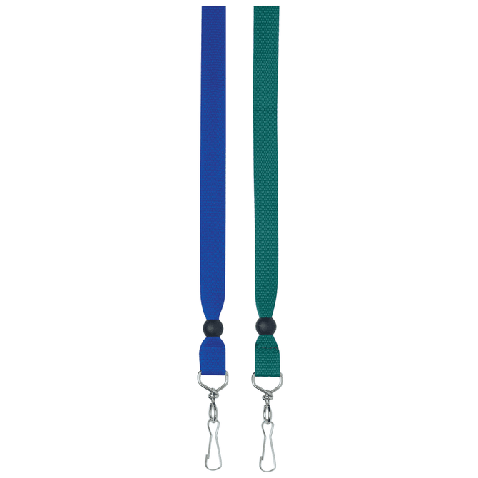 A blue and green ribbon lanyard, 15mm wide, featuring metal clips at both ends and a design for events.