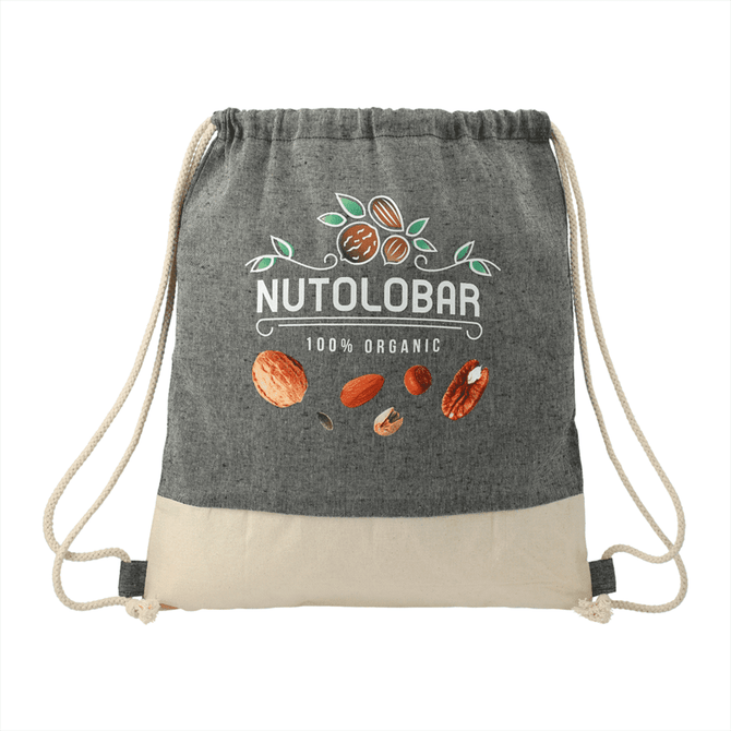 A grey and beige drawstring bag made of recycled cotton, featuring a logo and illustrations of nuts.