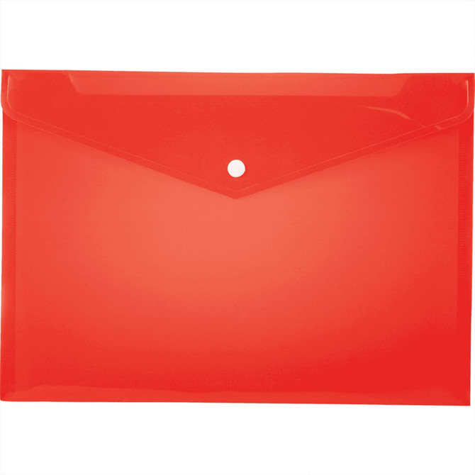 A red, transparent plastic envelope with a button closure, designed for holding documents.