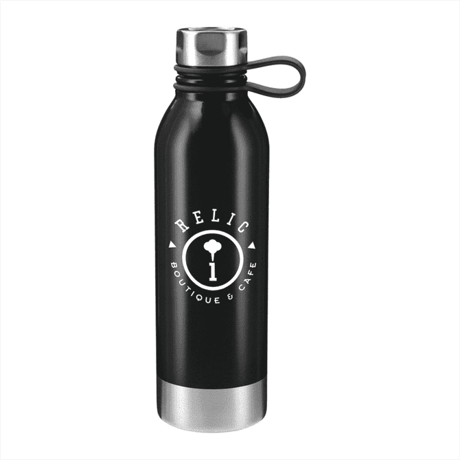 A drink bottle featuring a black stainless steel body and a silver base, with a logo on the front.