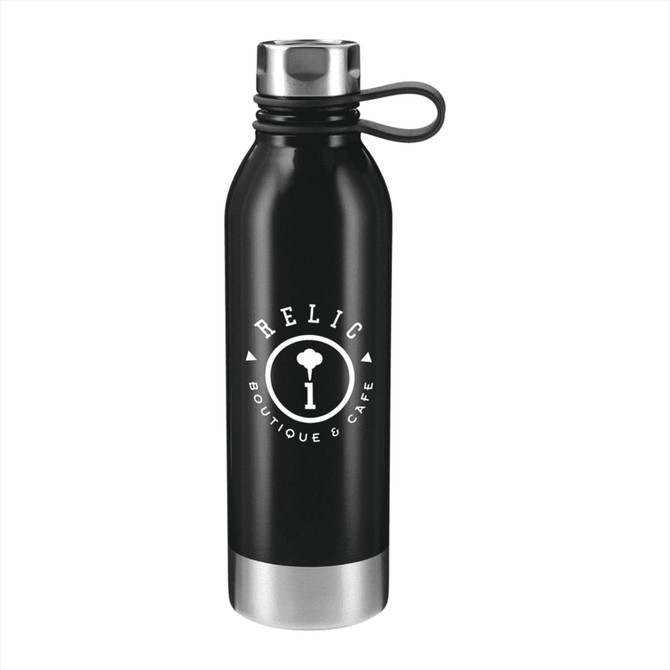 A drink bottle in black stainless steel with a silver bottom and a logo. Ideal for sports and outdoor activities.