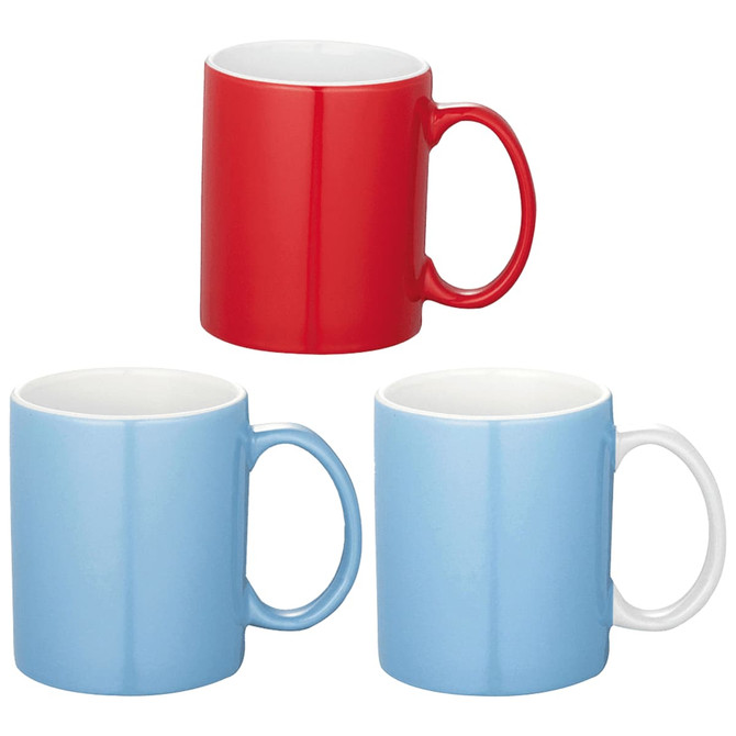 A set of three ceramic mugs in red, blue, and white, each with a handle and a glossy finish. One mug has a logo.