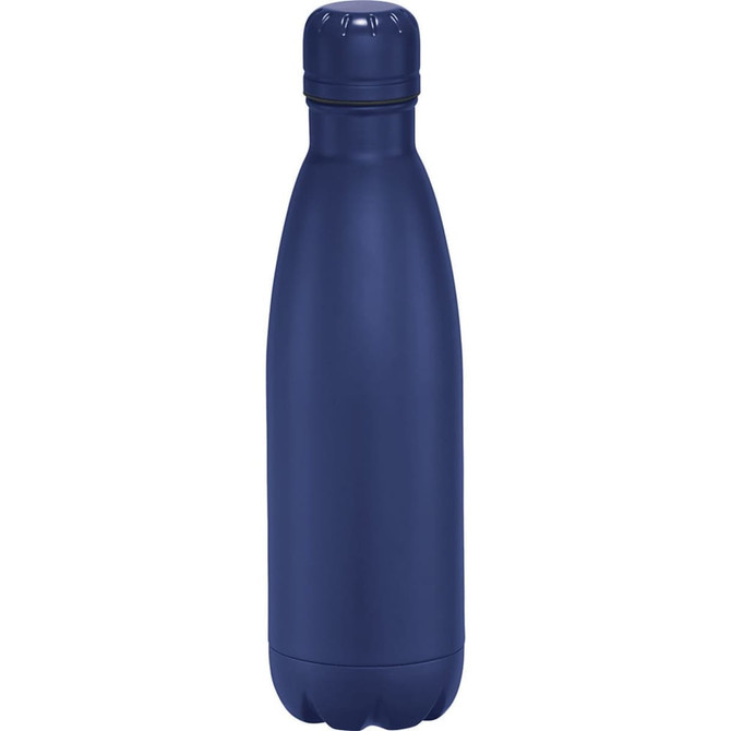 A drink bottle in navy blue, with a sleek design and a logo, featuring vacuum insulation for temperature retention.