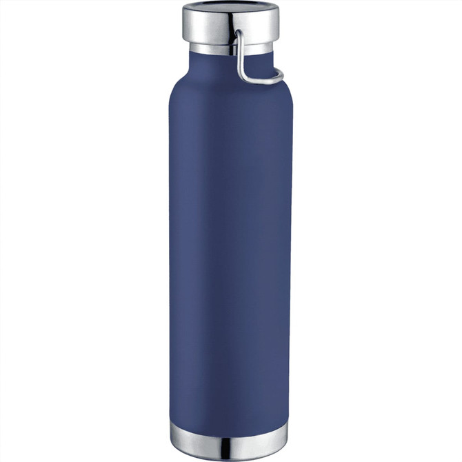 A drink bottle in navy blue with a stainless steel rim and cap, featuring a logo.