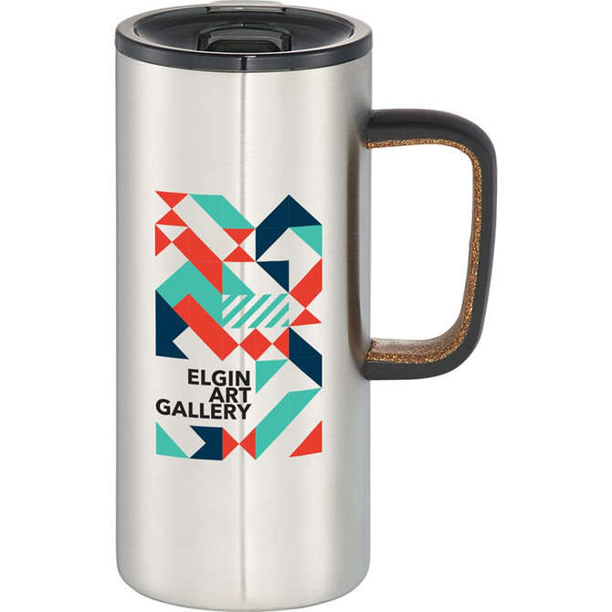 A drink bottle featuring a silver stainless steel body, dark handle, cork accents, and a colourful geometric design.