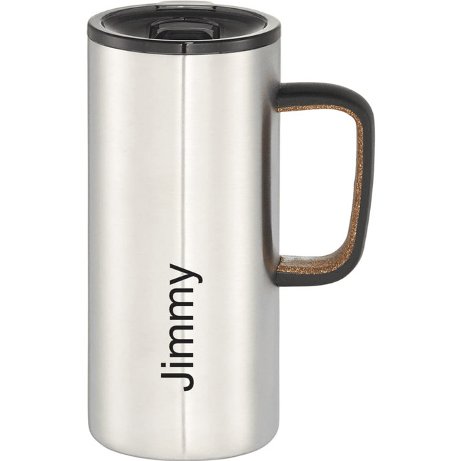 A drink bottle featuring a sleek stainless steel design with a cork handle, equipped with a black lid and branding.