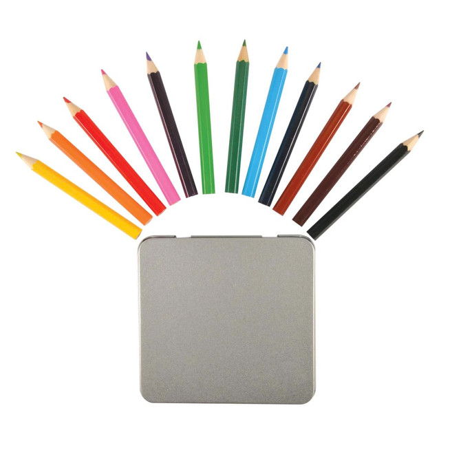 A tin containing 12 coloured pencils arranged in a fan shape, featuring various colors including green, pink, and yellow.