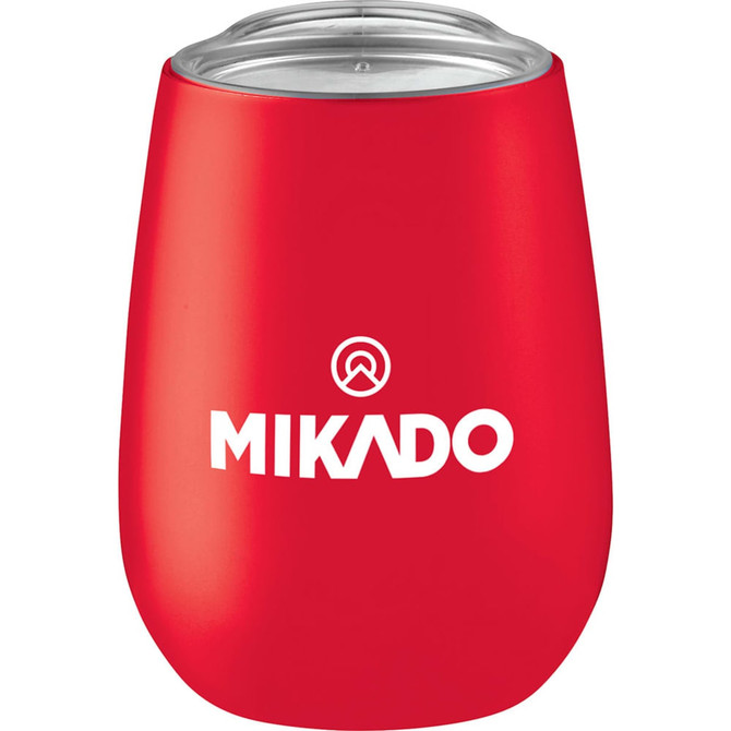 A drink bottle in vibrant red, featuring a transparent lid and a logo. It has a sleek, insulated design.