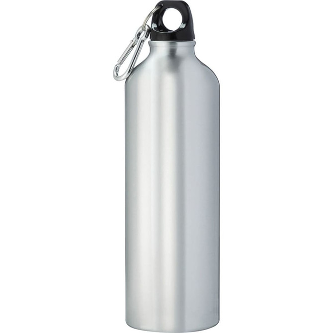 A drink bottle made of aluminium, featuring a sleek silver finish and a black lid with a carabiner attachment.