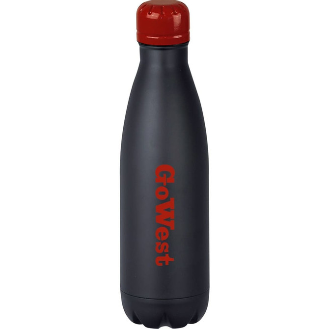 A drink bottle in matte black with a red cap, featuring a logo on the side. It is vacuum insulated and 500ml.