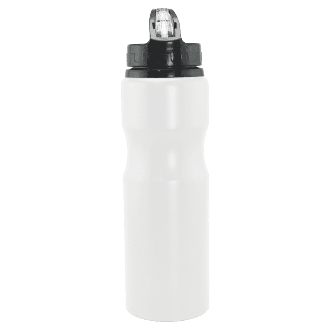 A drink bottle in white, featuring a black lid and a logo, with a 830ml capacity for sports activities.