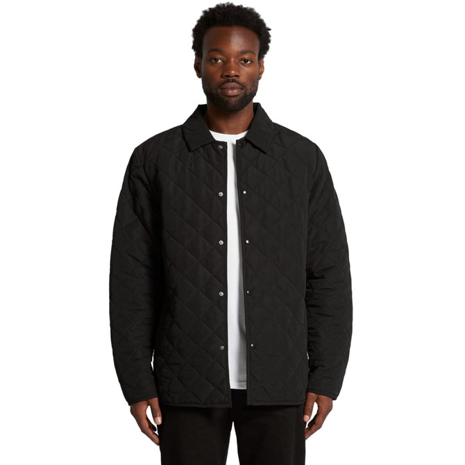 A black quilted jacket with a button-up front and a collar, featuring a logo.