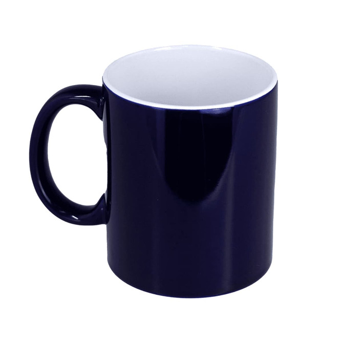 A navy blue ceramic mug with a white interior, featuring a handle and a glossy finish.