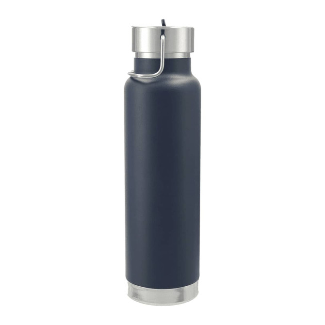 A drink bottle in navy, featuring a stainless steel base and a straw lid, with a brand logo present.